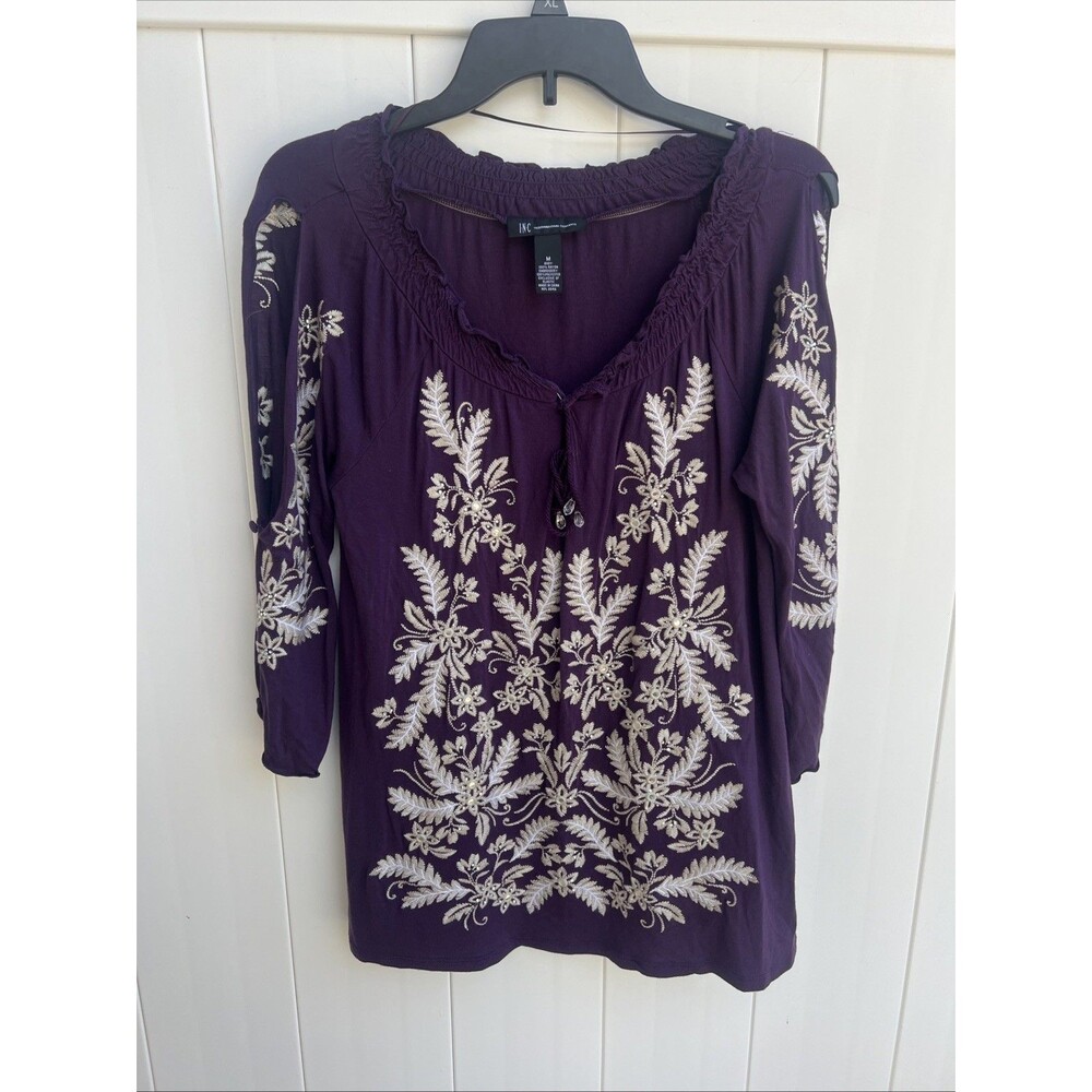 INC International Concepts Blouse Women's Medium Embroidered Boho Purple